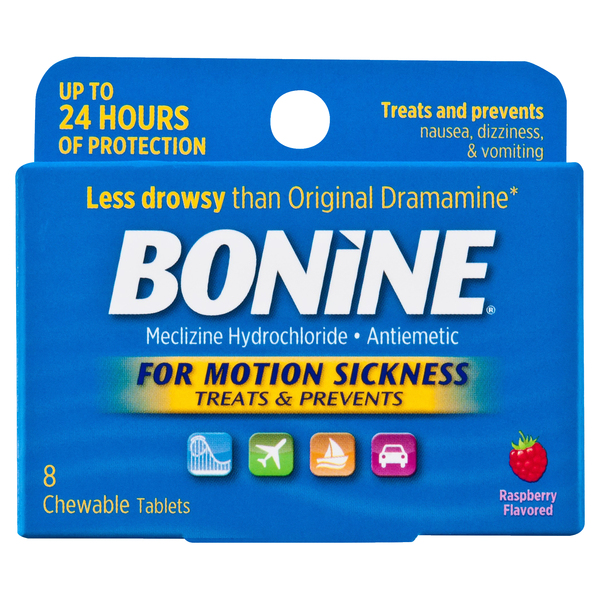 Image for Bonine Meclizine Hydrochloride, Antiemetic, Raspberry Flavored, Chewable Tablets,8ea from ADZEMA PHARMACY