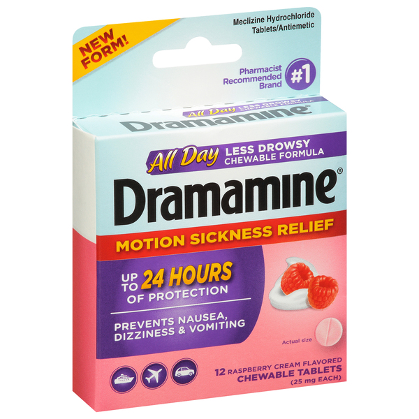 Image for Dramamine Motion Sickness Relief, 25 mg, Raspberry Cream Flavored, Chewable Tablets,12ea from ADZEMA PHARMACY