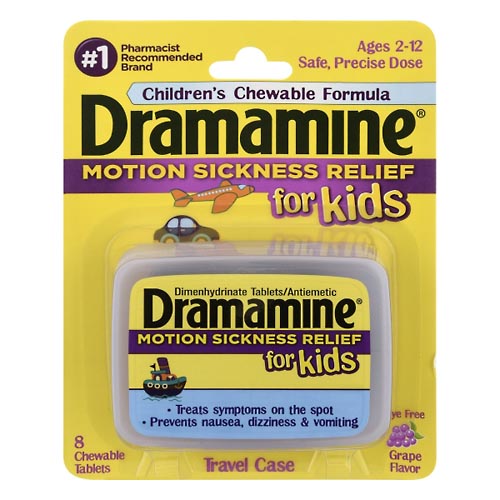 Image for Dramamine Motion Sickness Relief, for Kids, Travel Case, Chewable Tablets, Grape Flavor,8ea from ADZEMA PHARMACY